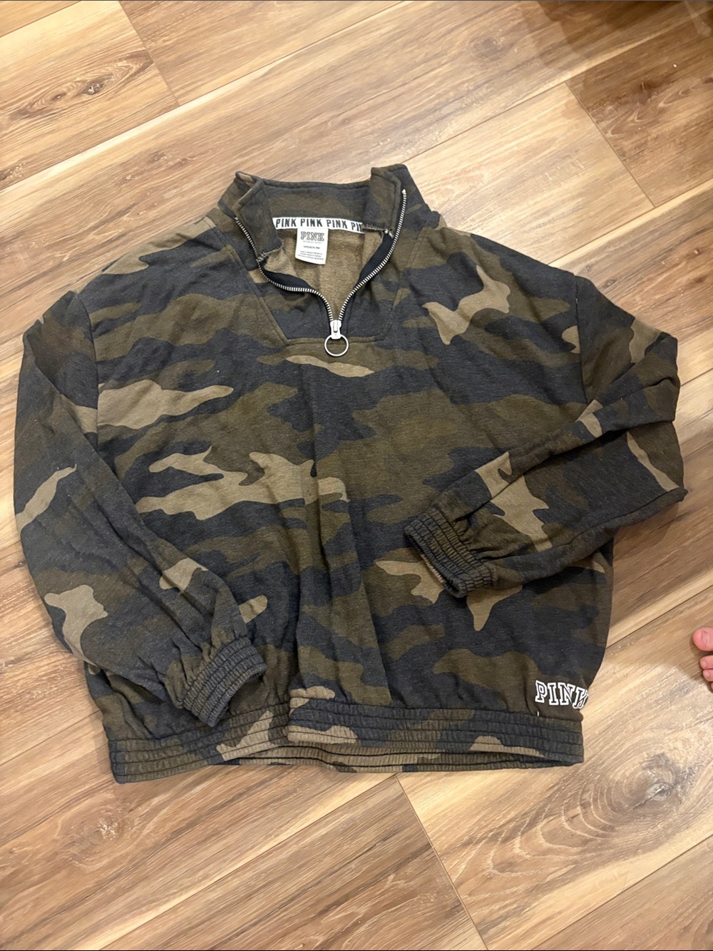 Victoria's Secret PINK Olive & Charcoal Camo Quarter-Zip Pullover